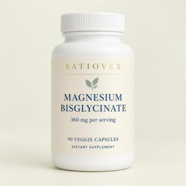 Satiovex Magnesium Bisglycinate 360 mg, 90 veggie capsules: white bottle with cream label