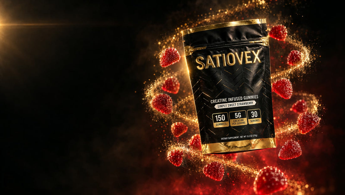 AI-generated illustration: a black and gold pouch of Satiovex Creatine Gummies floating in a dark space with gold dust and red strawberry-shaped gummies spiralling around it