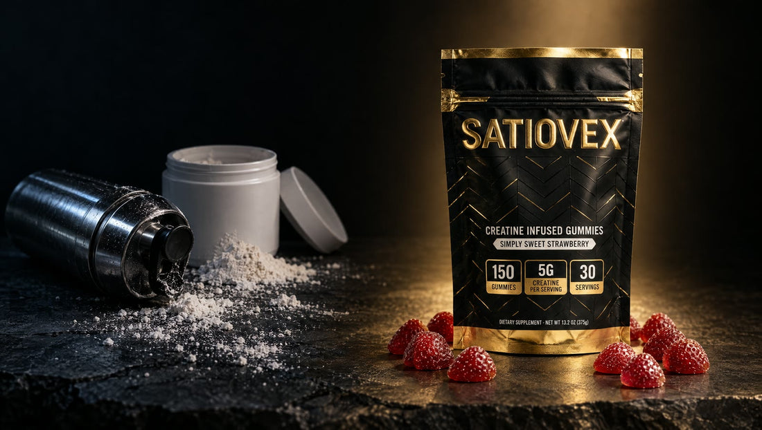 AI-generated illustration: a black and gold pouch of creatine gummies lit on the right, with a steel shaker, a plain white tub and spilled white powder in shadow on the left