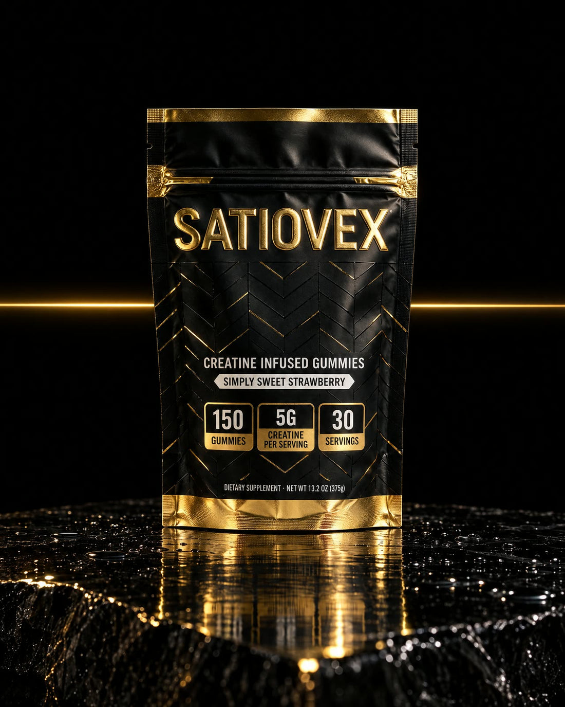 AI-generated illustration: a black and gold Satiovex creatine gummies pouch standing on wet black stone