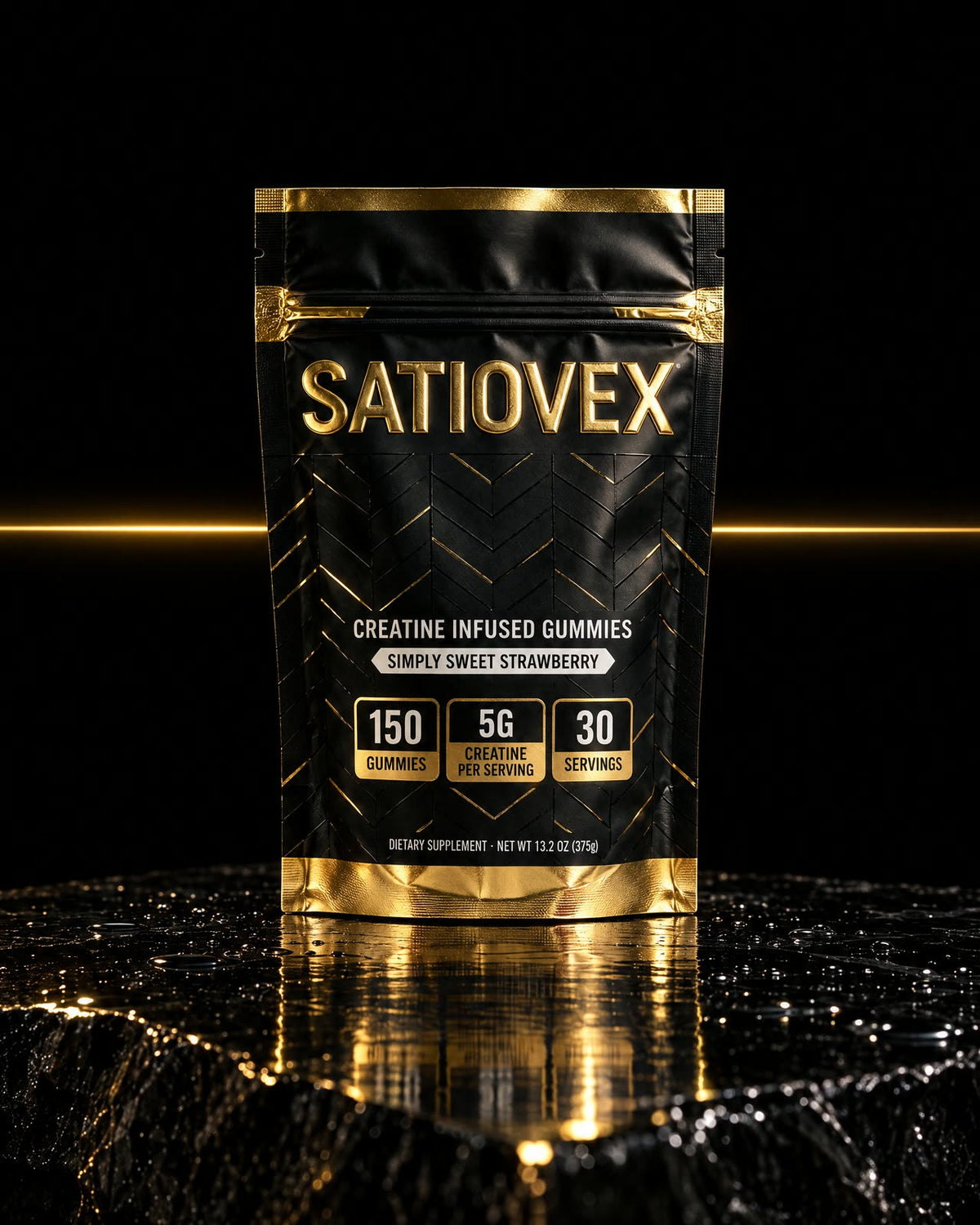 AI-generated illustration: a black and gold Satiovex creatine gummies pouch standing on wet black stone