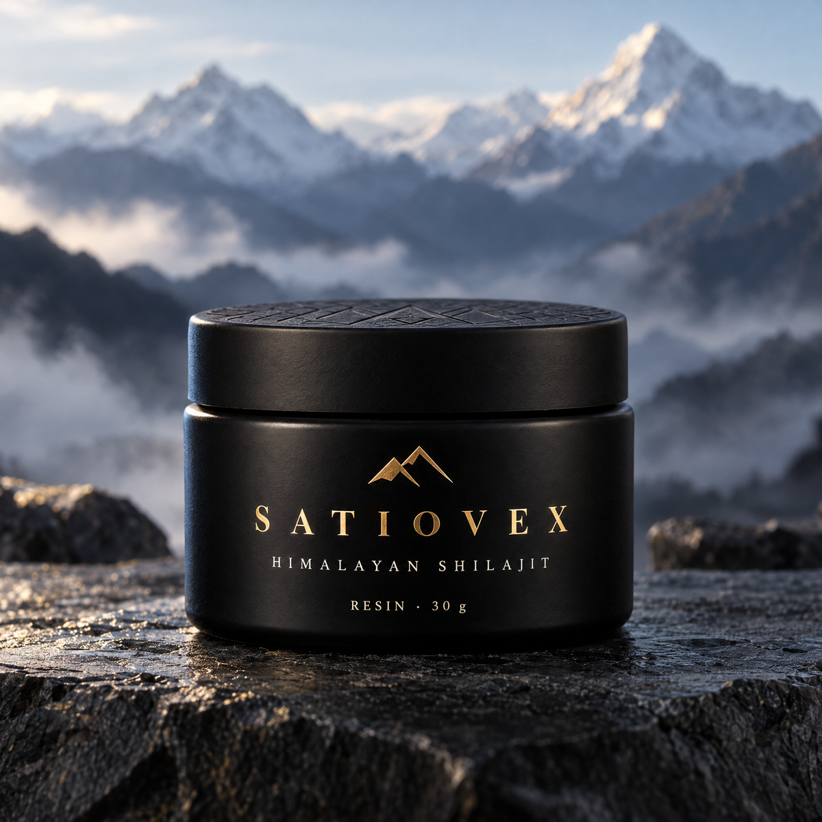 AI-generated illustration: a black Satiovex Himalayan Shilajit Resin 30 g pot on dark wet stone with snow-capped mountains behind