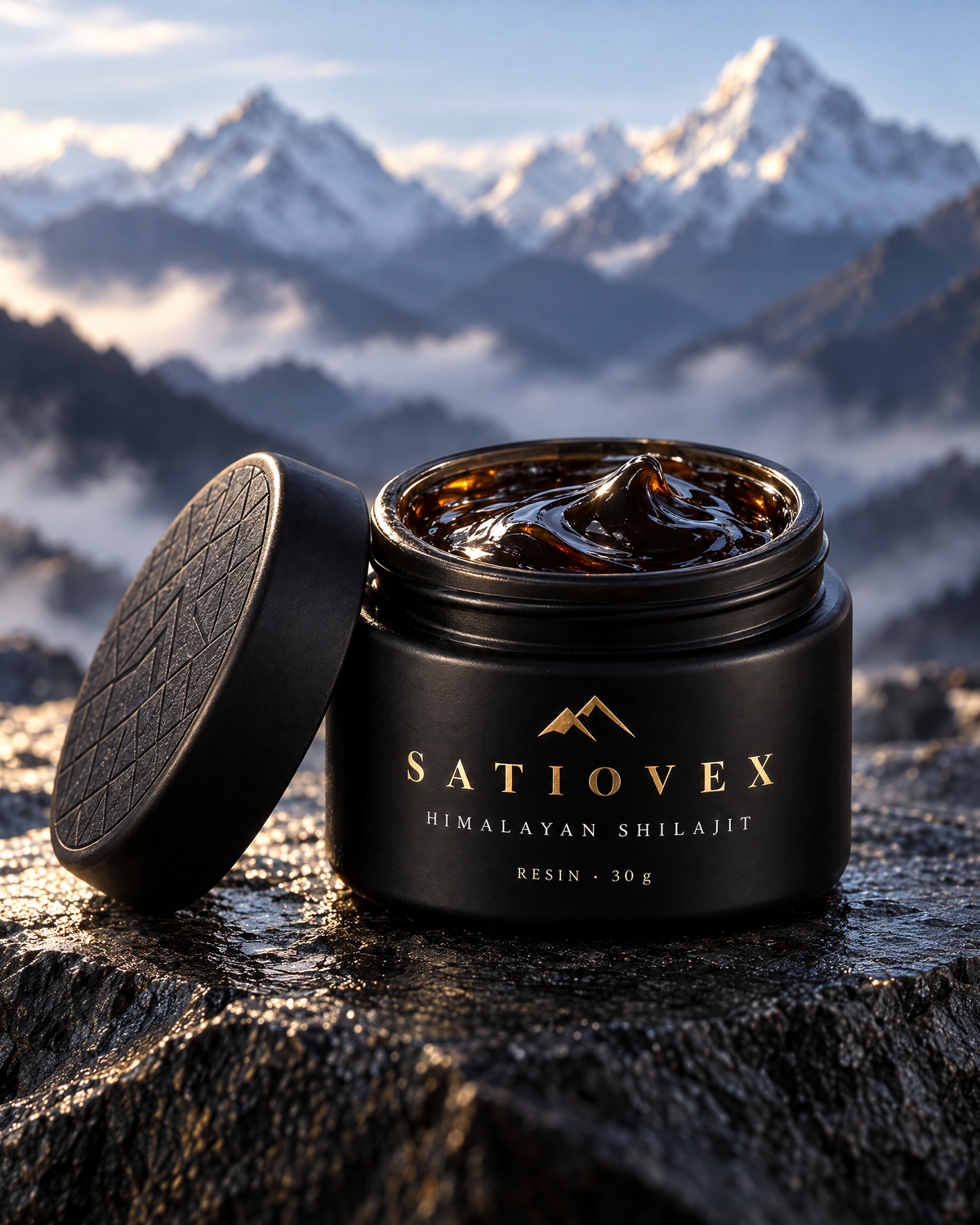 AI-generated illustration: an open black 30 g Himalayan shilajit resin pot with its lid beside it, on dark rock with snowy mountains behind