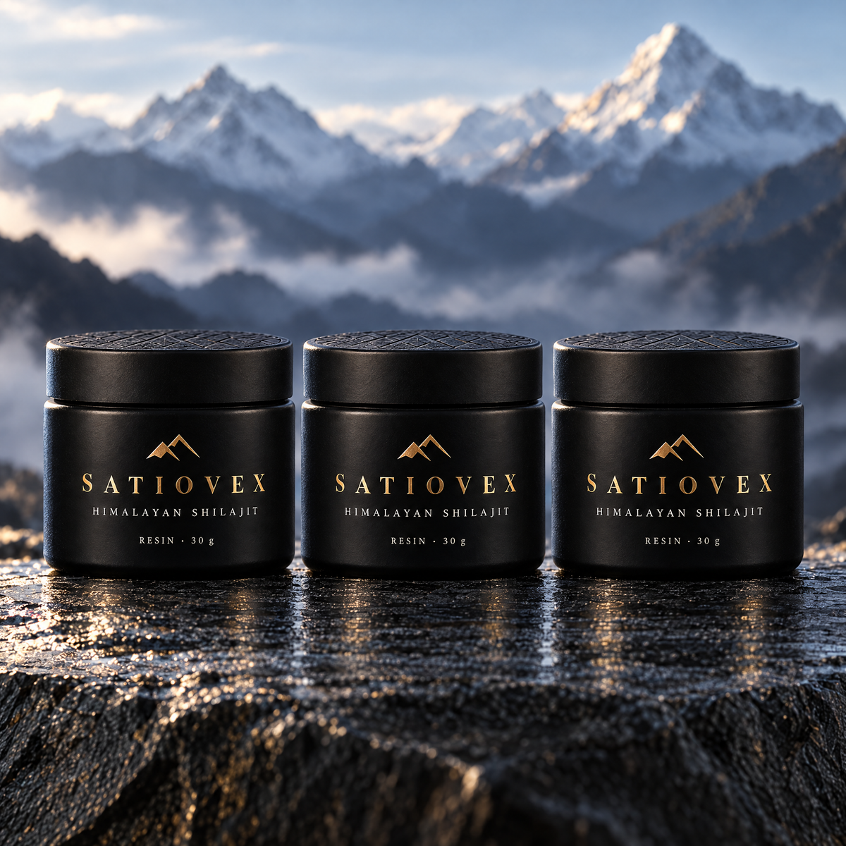 AI-generated illustration: three Satiovex Himalayan Shilajit jars side by side on dark slate rock with misty peaks behind