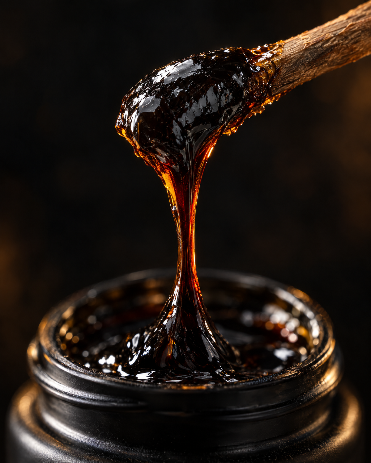 AI-generated illustration: a wooden stick lifting a thread of dark, glossy shilajit resin out of a black pot