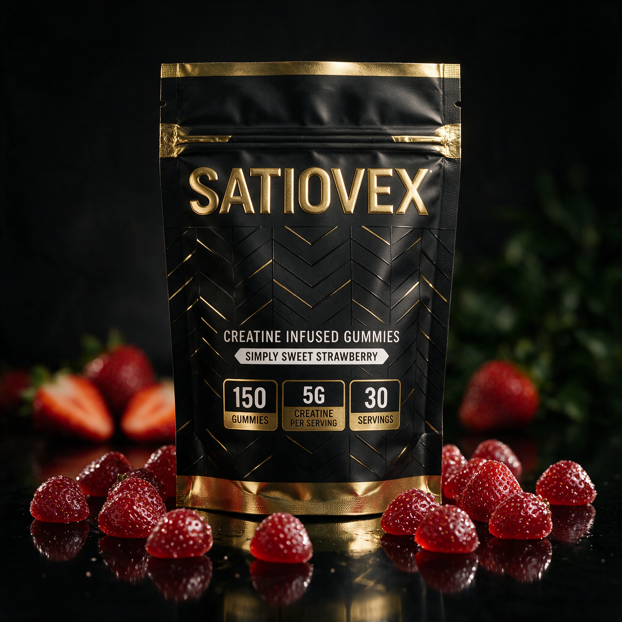 Satiovex Creatine Gummies pouch — black and gold