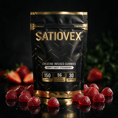 Satiovex Creatine Gummies pouch — black and gold
