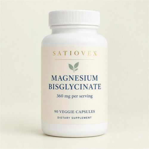 Satiovex Magnesium Bisglycinate 360 mg, 90 veggie capsules: white bottle with cream label