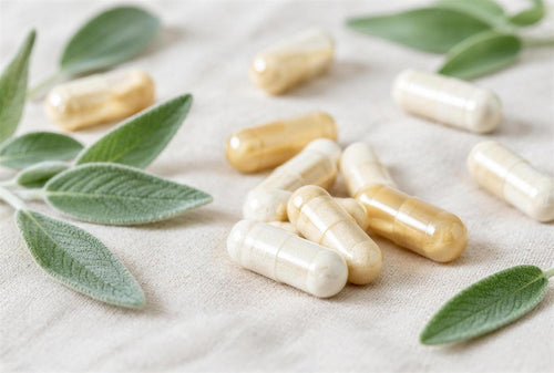 Veggie capsules of magnesium bisglycinate on linen with sage leaves