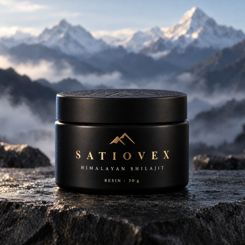Satiovex Himalayan Shilajit resin in a matte black glass jar with a gold-foil label, standing on dark slate rock with snow-capped Himalayan peaks and mist behind.
