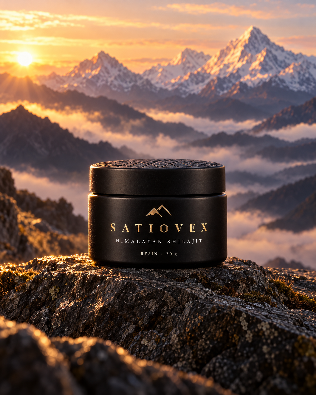 Satiovex Himalayan Shilajit jar on a lichen-covered mountain rock at golden hour, with snow-capped Himalayan peaks and a sea of clouds behind.