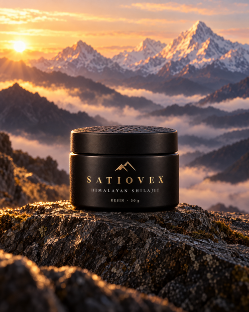 Satiovex Himalayan Shilajit jar on a lichen-covered mountain rock at golden hour, with snow-capped Himalayan peaks and a sea of clouds behind.