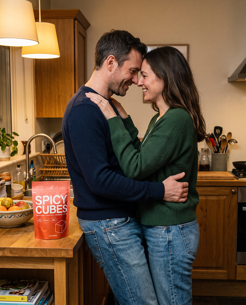 Couple in a kitchen with the Spicy Cubes pouch